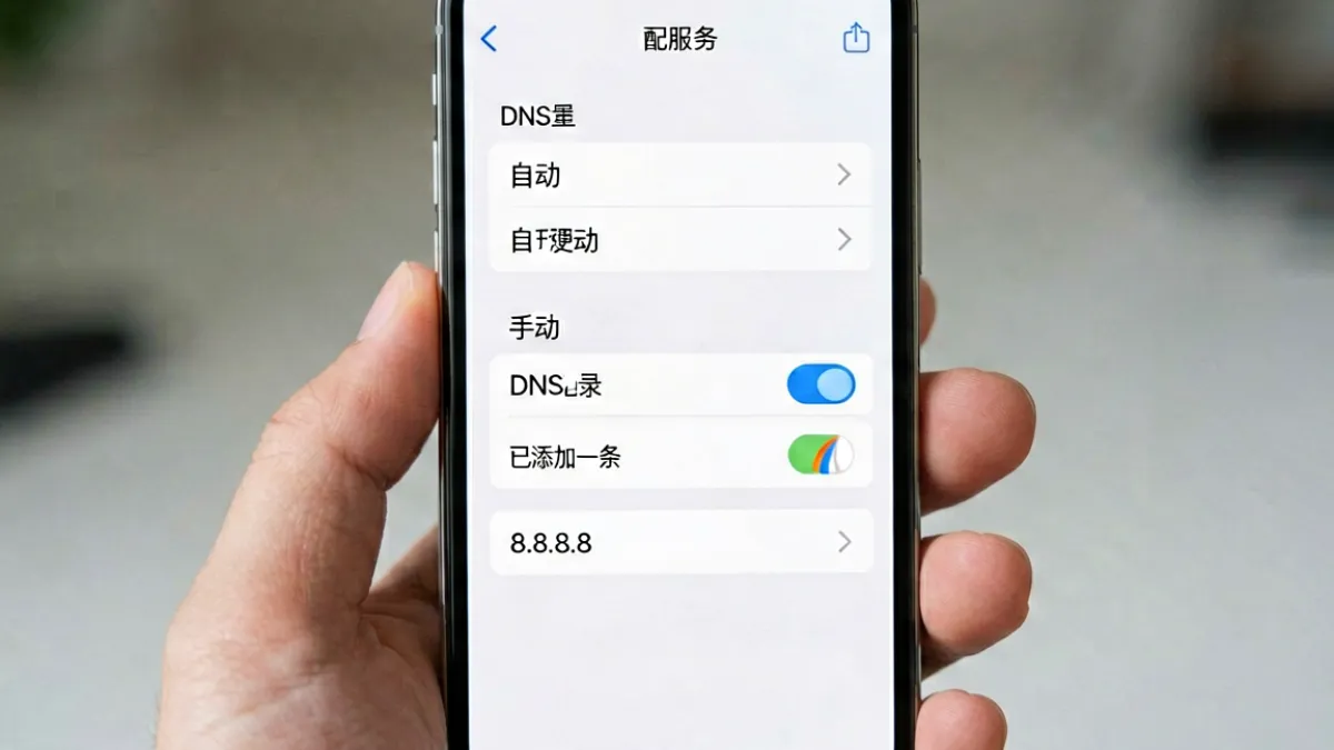手机屏幕上展示iOS系统Wi-Fi设置中修改DNS的操作步骤，用于解决俺去也新地址手机端打不开的问题